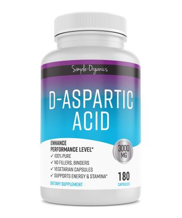 Simple-Organics D-Aspartic Acid Supplement, No Gluten, Binders or Fillers, Dietary Pills for Energy Support, 3000mg D-Aspartic Acid per Serving, 180 Non-GMO Vegan Capsules