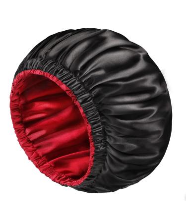 mikimini Black Satin Bonnet for Sleeping  Curly Hair Silk Sleep Cap for Women and Men Reversible Double Layer Bonnet X-Large Sleeping Cap Soft Stretchy Night Cap for Hair Care (Black+Red) XL-1PC Black+red