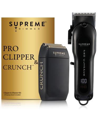 Supreme Trimmer 2-in-1 Pro Clipper & CRUNCH Foil Shaver Barber Haircutting Kit | Professional Cordless STF602 IPX6 Waterproof Shaver & STC5030 Taper Clippers | Black Black Kit