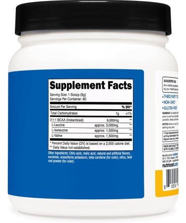 Nutricost BCAA Powder - Orange Mango Flavor 60 Servings 2:1:1 Ratio Gluten Free Non-GMO Vegetarian - International Shipping Available - Buy Online on GoSupps.com