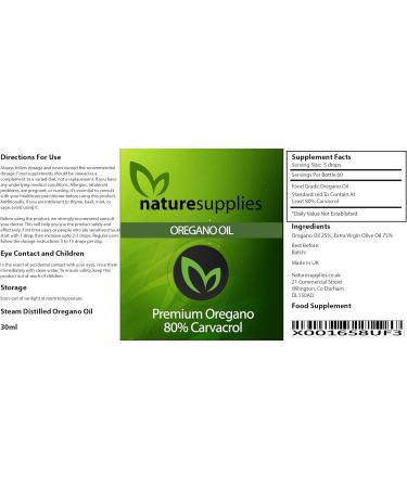 Naturesupplies Super Oregano Oil 30ml - 80% Carvacrol - Made in UK - Mediterranean Grown - Super Potent Essential Oil - 125-130mg Carvacrol Per Serving - Buy Online on GoSupps.com