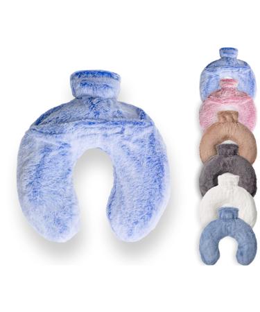 Luxury Hot Water Bottle with Faux Fur Cover Soft Fluffy Neck U Shape Cosy Fleece 1.8L Capacity (Sky Blue)