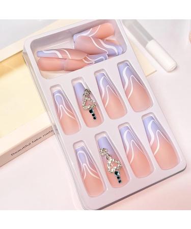 BABALAL Blue Long Coffin Press on Nails with Rhinestones Heart Design - Matte Glue on Acrylic Ballerina Nails for Women and Girls - Buy Online on GoSupps.com