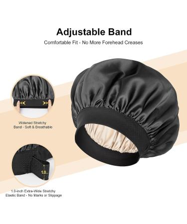Royuniqur Silky Satin Sleep Bonnet | Double Layered Adjustable Cap for Men & Women - Ideal for Curly, Frizzy, Straight Hair - Black - Buy Online on GoSupps.com