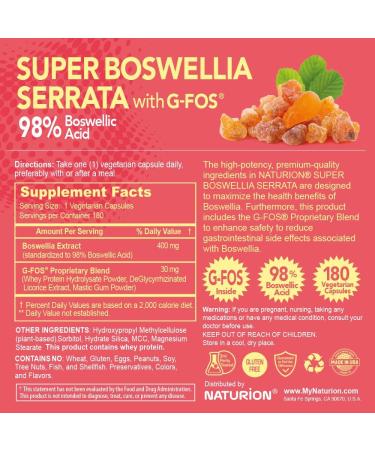 Super Boswellia Serrata with G-FOS - 98% Boswellic Acid - Supports Joint & Mobility Health - 180 Vegan Capsules 180 Day Supply 180 Count (Pack of 1) - Buy Online on GoSupps.com