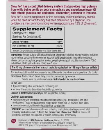 Slow Fe High Potency Iron 45mg Slow Release Tablets - 60 Count (Pack of 1) - Buy Online on GoSupps.com