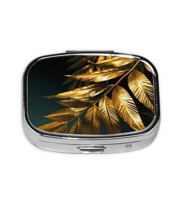 Golden Plant Leaves Printed Square Pill Box Portable Travelling Pill Box Medicine Organiser