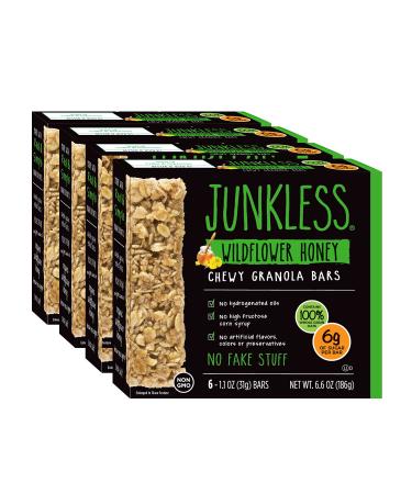 JUNKLESS Chewy Granola Bars, Wildflower Honey, 24 bars (6 x 1.1 oz bars/box – 4 boxes), Non-GMO, low sugar, great tasting, made for kids & families Wildflower Honey 6 Count (Pack of 4)