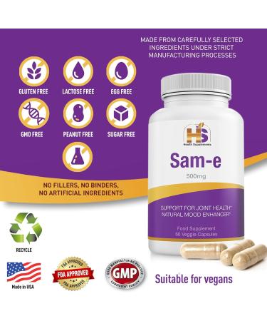 HS Health Supplements Sam-e 500mg L-Methionine - Mood & Joint Support | Vegan, Gluten & Soy Free | 2 Months Supply - Buy Online on GoSupps.com