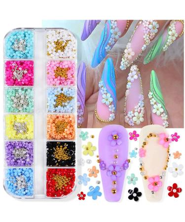 Dornail 12 grid 3d flower nail charms 12 colors acrylic flowers nail nail street stones mixed cherry blossom gold silver pearl nails accessories diy nail art nail design nail art decoration set
