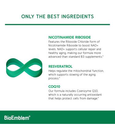 BioEmblem NAD+ Supplement | 300 mg Nicotinamide Riboside with CoQ10 & Resveratrol | Supports Healthy Aging Cellular Energy and Cognitive Function | Non-GMO Gluten Free - 45 Capsules - Buy Online on GoSupps.com