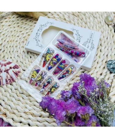 24Pcs Colorful Stiletto Press-On Nails | Glossy Acrylic Sun Moon Cloud Design | Reusable Almond Shape Fake Nails for Men & Women | Perfect for Manicure - Buy Online on GoSupps.com