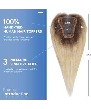 EMMOR Hair Topper For Women 100% Remy Human Hair For Women With Thinning Hair Loss Cover Gray Hair Three Clips on Topper 3.5in 4in Hand-Tied 12 inch Ombre Light Blonde - Buy Online on GoSupps.com