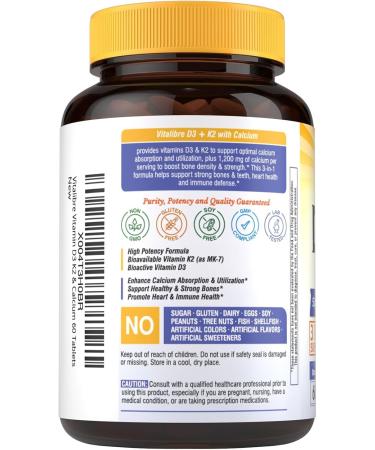 Vitalibre D3 K2 Calcium Supplement for Women & Men Vitamin D3 5000 IU Calcium 1200 mg MK-7 High Absorption for Strong Bones Teeth Heart Immune Health 60 Tablets - Buy Online on GoSupps.com