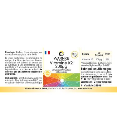 Vitamin K2 200 g - Vegan Menaquinone MK-7 - 60 Tablets by Warnke Vitalstoffe - Buy Online on GoSupps.com
