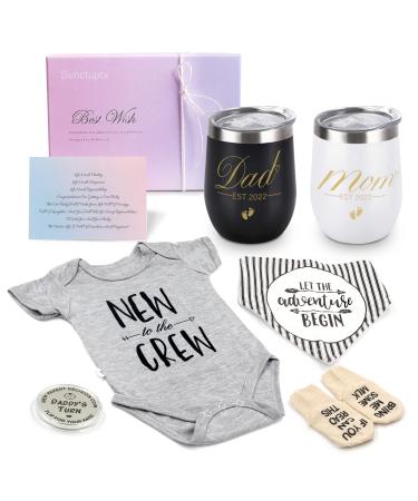 Pregnancy Gifts for First Time Moms, New Parents Gifts Mom and Dad Wine Tumbler with Lid Baby Onesie Socks Drool Bib Decision Coin, Idea for Baby Shower, Gender Reveal(Est 2022)