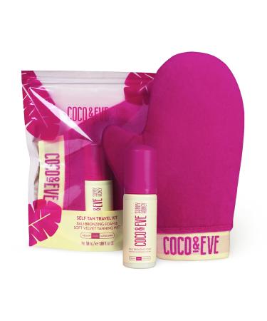 Coco & Eve Sunny Honey Deluxe Travel Tan Kit. Bali Bronzing Foam (Dark), Velvet Self Tanning Mitt and Travel Pouch. Natural Sunless Self Tanner Mousse. Anti Cellulite, Anti Aging