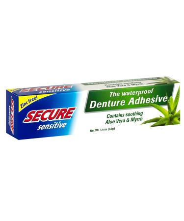Secure Sensitive Gums Waterproof Denture Adhesive Zinc Free with Aloe Vera & Myrrh - Extra Strong 12 Hour Hold - 1.4 oz