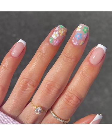 Square French False Nails 24Pcs Press on Nails with Flower Pattern Colored Flowers Fake Nails Short Acrylic Stick on Nails Nails Fake Nail for Women Girls Nails Art Black Gradient