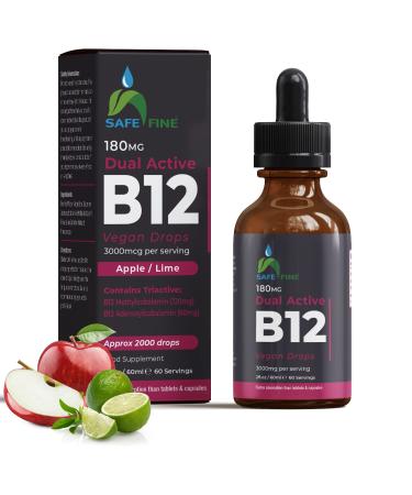 SafeFine Vitamin B12 Vegan Friendly Liquid Drops - 3000mcg - 60 ml Dropper Bottle - Supplement for Energy Mood & Nerve Function - Sublingual and Dual Action for Fast Absorption - Gluten Free