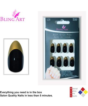 Bling Art Almond False Nails Fake Stiletto Gold Black Glossy 24 Long Tips Glue - Buy Online on GoSupps.com