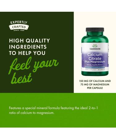 Swanson Calcium Citrate Plus Magnesium - Mineral Supplement Promoting Strong Bones, Energy Production, & Muscle Relaxation - May Support Cardiovascular Health - (150 Capsules) - Buy Online on GoSupps.com