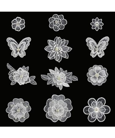 Zcketo 12 Pcs White Sew on Embroidery Lace Flower Rose Butterfly Patches Appliques DIY Sewing Craft Lace Patches for DIY Sewing Craft Clothes Bags Hats Girls Dress Hair Ornaments Wedding Decor White,Rose