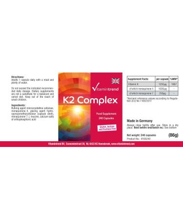 Vitamin K2 Complex 1250 g - 240 Capsules - Vegan - High Dose - MK4 & MK7 | Vitamintrend  - Buy Online on GoSupps.com