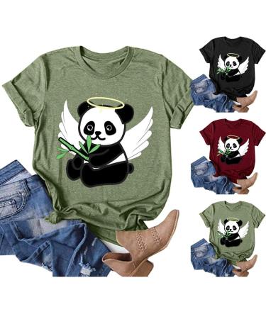 TUNUSKAT Womens Cute Panda Shirt Summer Animal Print Blouse Crewneck Pullover Comfy Short Sleeve Loose Fit Tops Graphic Tees Medium 01_wine