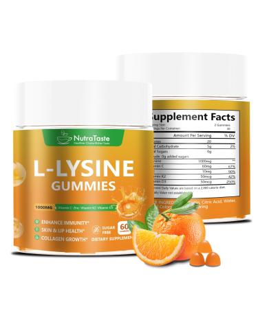 L-lysine Gummies 1000mg, Chewable Lysine Supplement with Vitamin C, D3, K2 & Zinc, Enhance Immunity, Lips & Skin Health, Collagen Growth, Sugar-Free, Gluten-Free, 60 Count (Pack of 2)