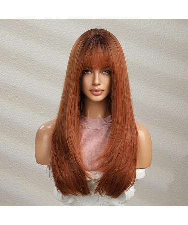 Vebonny Synthetic Hair Wig with Fringe - Auburn Ombre Wig with Dark Roots Natural Straight 24 Inch Copper Red Women s Wig | Vebonny-148 - Buy Online on GoSupps.com