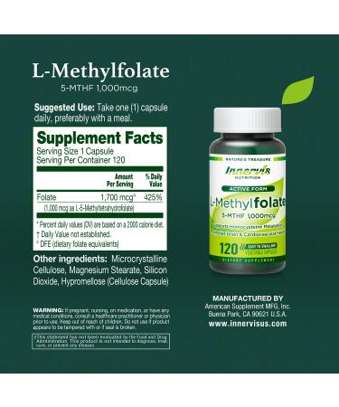 L-Methyl Folate (Active Form) Supports Mood Energy Methylation & Heart Health High-Absorption Folate for Daily Mental & Physical Wellness* 120 Easy-to-Swallow Veg Capsules by Innervis Nutrition - Buy Online on GoSupps.com