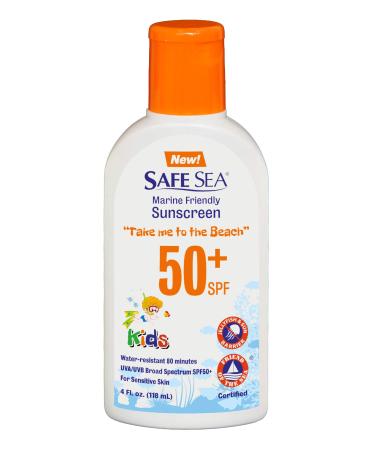 Safe Sea Jellyfish Sting-Blocking Sunscreen for Kids, SPF 50+ Lotion 4oz, Waterproof, Biodegradable, Coral Reef-Safe  Body and Face Sunscreen, Anti-Jellyfish and Sea-Lice sting protection. 4 Fl Oz (Pack of 1)