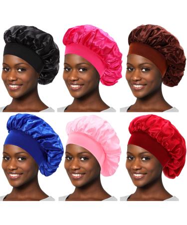 JEFHOMKIT 6 PCS Satin Bonnet Silk Bonnet Hair Bonnet for Black Women Soft Elastic Band Hair Bonnet Cap for Sleeping Breathable Sleep Cap for Curly Hair Women Girls 6 Colors