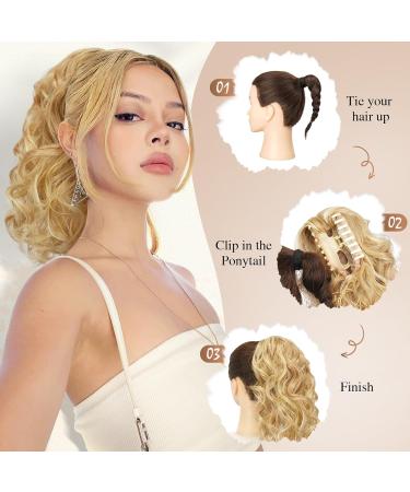 Sofeiyan 13 Inch Curly Ponytail Extension Claw Clip in Hairpiece for Women - Light Brown Mix Bleach Blonde - Natural Wave Synthetic Clip-in Pony Tail - Buy Online on GoSupps.com