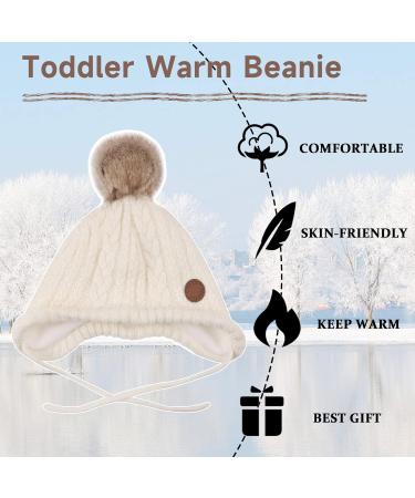 XIAOHAWANG Winter Baby Beanie with Velvet Lining and Pompom | Toddler Kids Earflap Hat for Boys and Girls 18 Months - 3 Years | Warm and Stylish White Baby Hat - Buy Online on GoSupps.com