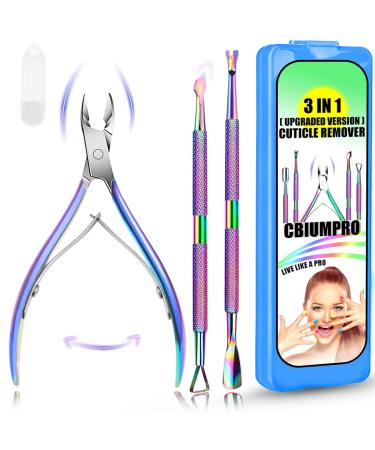 Cuticle Trimmer with Cuticle Pusher, Nails Scraper, 3-in-1 Professional Cuticle Remover Tools Set, Cuticle Nippers Kit, Cuticle Cutters, Cuticle Clippers for Fingernails & Toenails -w/ Organized Case 3 Pack Cuticle Remover Set - Rainbow