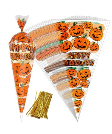 VDL Pack of 100 Halloween Sweet Cones Pumpkin themed Clear Treat Bags with Twist Ties (16x30cm)