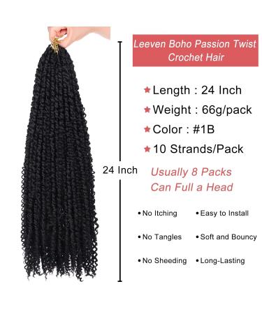 Leeven Boho Passion Twist Hair 24 Inch | Pre Twisted Crochet Goddess Twist 8 Packs | Black Pre Looped Curly Ends | Bohemian Synthetic Braids Extensions for Women - Buy Online on GoSupps.com