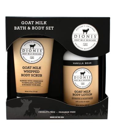 Dionis Goat Milk Skincare Vanilla Bean Scented Whipped Body Scrub & Lotion Gift Set - Moisturize & Restore All Skin Types - Gentle Chamomile Blended Exfoliating Sugar Scrub & Hydrating Body Cream Set  6 oz & 8.5 oz (Vani...