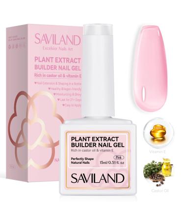 Saviland Builder Nail Gel - Pink 15ml Builder Nail Gel In A Bottle Hard Gel Nail Strengthener Gel Nail Hardener with Castor Oil & Vitamin E Extra Strong and Growth for Nail Extension Repair Nail Art A3