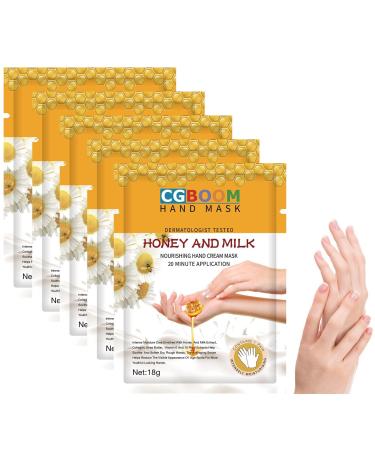 CGBOOM 5 Pairs Hand Masks Moisturizing Gloves Hand Skin Repair Renew Mask Infused Collagen Vitamins + Natural Plant Extracts for Dry Aging Cracked Hands (Honey and Milk)