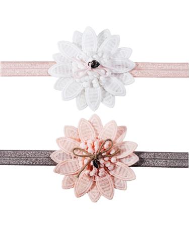 Girls Headband Lace Flower Soft Stretch Hairband Hair Accessories 2 Pieces for Girls (Pink White) Flower 1