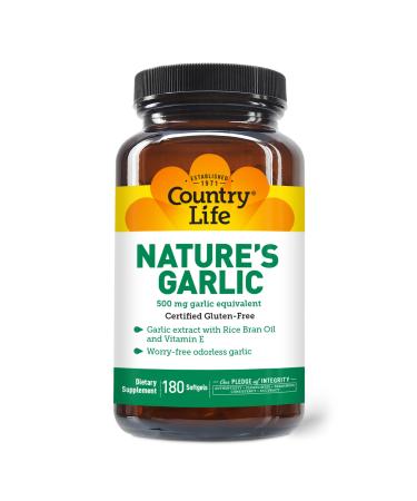 Country Life Nature's Garlic 500mg Garlic Equivalent 180 Softgels Certified Gluten Free 180 Count (Pack of 1)