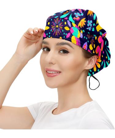 Women's Bouffant Working Cap with Cotton Sweatband and Adjustable Elastic Head Cover - Mexican Rich Bird Leaves Flower Design - Buy Online on GoSupps.com