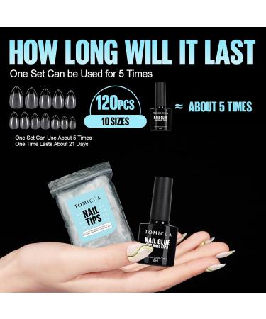 Tomicca 120 PCS Almond Gel Nail Tips with Glue Set Professional Quality Soft Gel Full Cover | Perfect for Nail Extensions | 10 Sizes - Buy Online on GoSupps.com