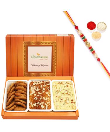 Ghasitaram Gifts Rakhi Gifts for Brothers Rakhi Sweets - Soan Papdi Milk Cake and Methi Mathi with Pearl Beads Rakhi Soan Papdi Milk Cake and Methi Mathi with Rakhi