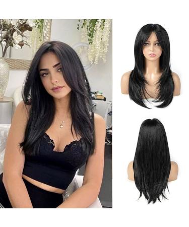 TuTive Black Wigs for Women 22 Inch Layered Wig With Bangs Natural Looking Shoulder Length Wig Heat Resistant Synthetic Fibre Wigs for Daily Party Use(Black)