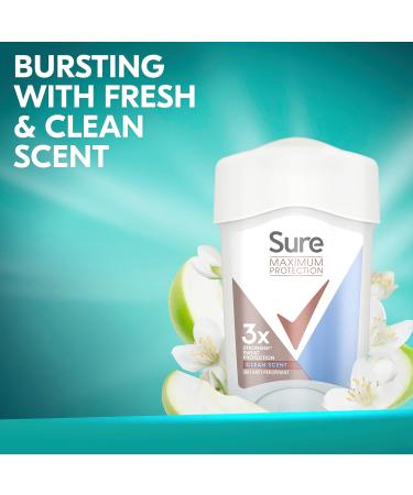 Sure Maximum Protection Clean Scent Deodorant Cream Stick - 45ml (Pack of 1) | Women's Anti-Perspirant with 96-Hour Sweat and Odour Protection - Buy Online on GoSupps.com