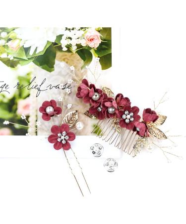 Cinaci 18 Pieces Bridal Wedding Party Prom Pearl Rhinestone Burgundy Flower Hair Side Combs Slides+U-shaped Flower Hair Pins+Twist Spiral Hairpins Floral Headpieces for Brides Bridesmaids Women Girls - Buy Online on GoSupps.com